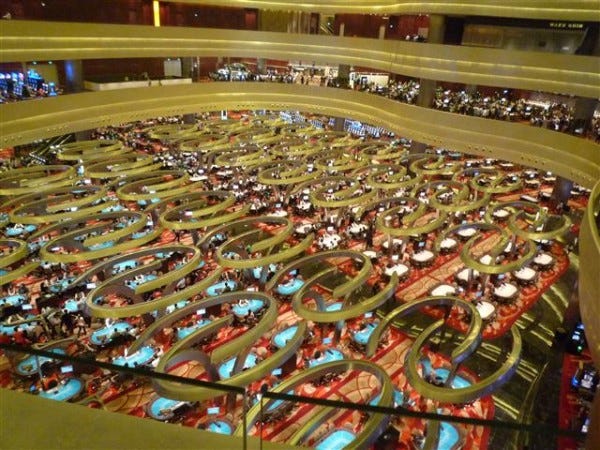 Overhead shot of a casino layout, designed to keep gamblers inside