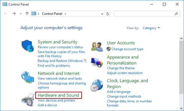 Click on the Hardware and Sound option