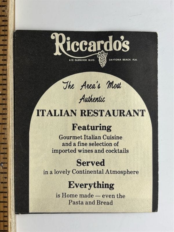 Vintage menu card for Riccardo’s Italian restaurant — for me, the “atmosphere” included the waiters