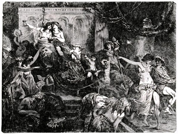 Drinking and dancing at the Eleusinian Mysteries-Engraving by H. Vogel 1894-Public Domain