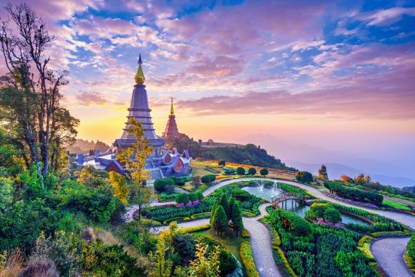 A beautiful sunrise at Wat Phra That Phra Temple in Thailand, located in Chiang Mai.