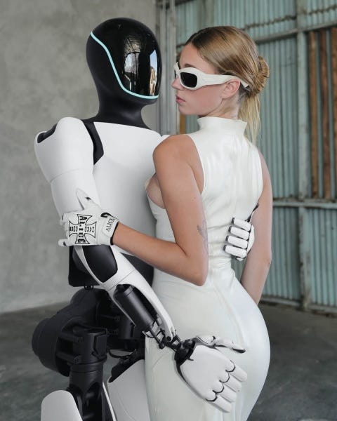 A woman is cuddling with AI sex robot