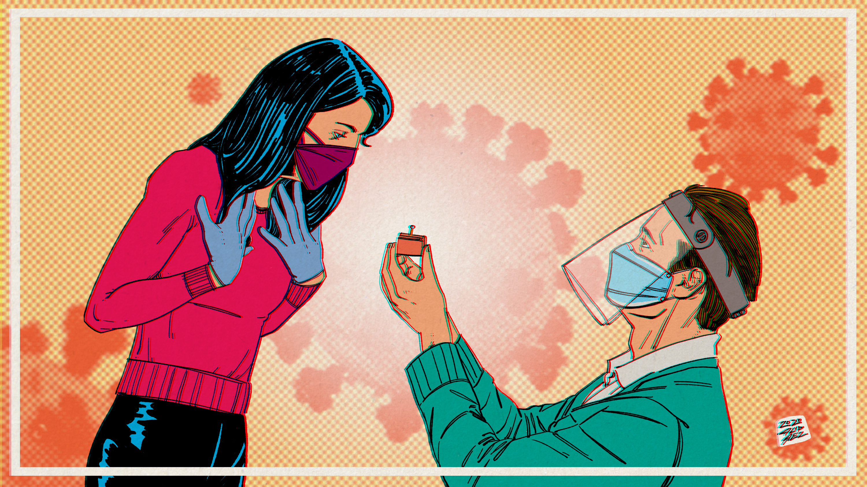 An illustration of a masked man in a face shield proposing to a masked woman.