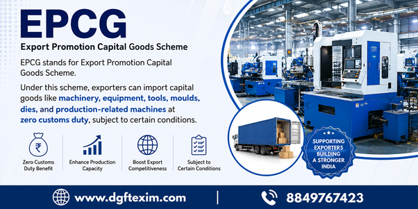 EPCG Scheme infographic explaining import of machinery and capital goods at zero customs duty for exporters under DGFT rules.