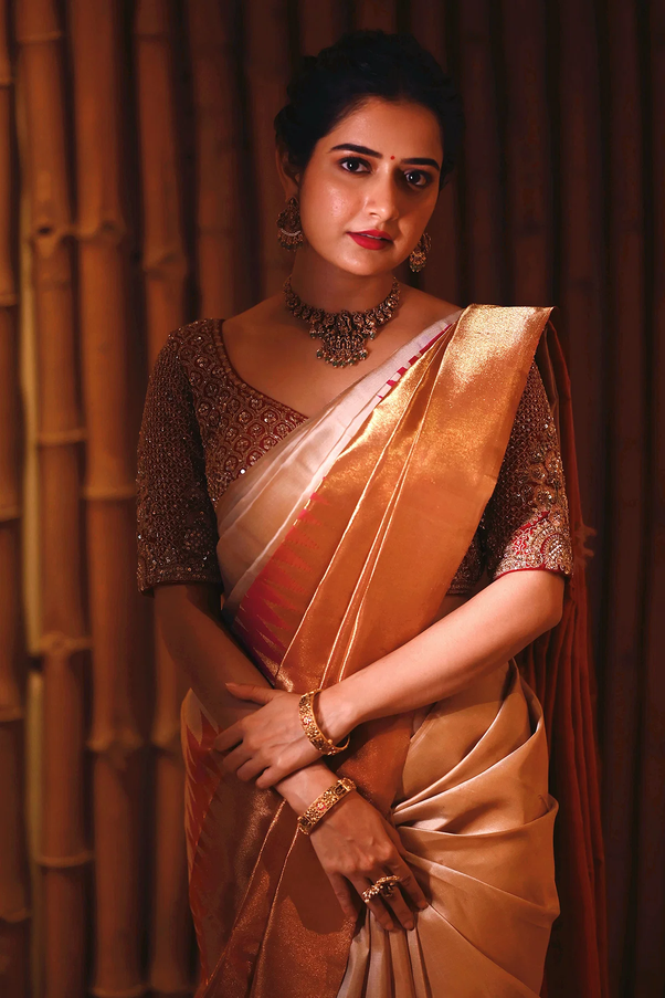 Breathtaking Ashika Ranganath in Samyakk’s Beige & Gold Zari Woven Kanchipuram Silk Saree