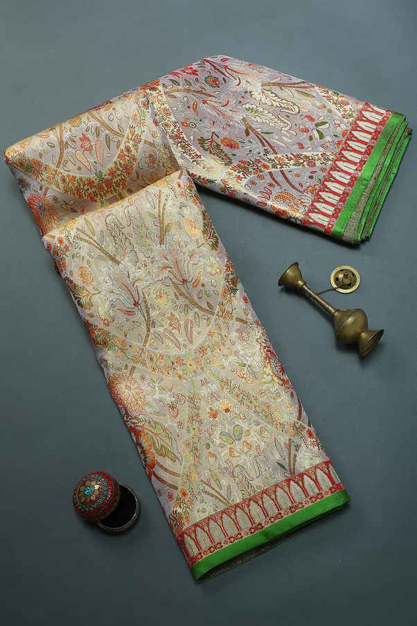 Beige & Gold Dual-Tone Zari Woven Kanchipuram Tissue Saree