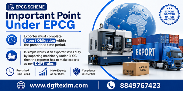 EPCG Scheme image explaining export obligation, prescribed time period, DGFT rules, and compliance requirement for exporters importing machinery under EPCG.