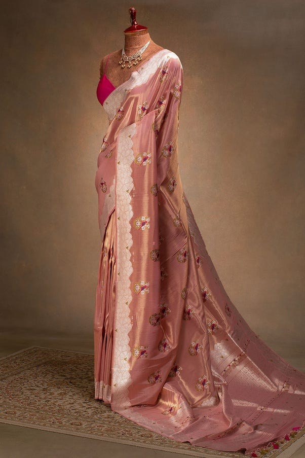 Candy Pink Banarasi Tissue Saree with Unstitched Blouse