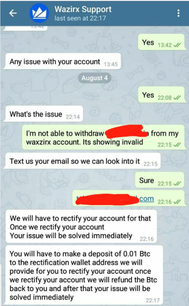 Figure 3.2 / Fake customer service staff asking users to send 0.01 BTC to a specific wallet address to unlock.