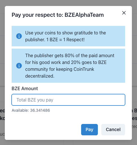 CoinTrunk decentralized application based on BZE Blockchain pay publisher respect