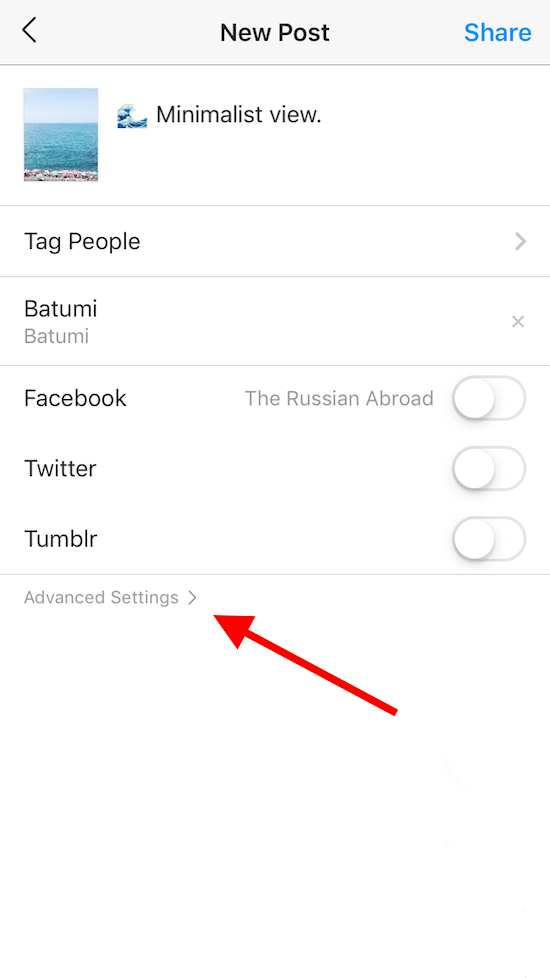 screenshot of instagram, about to post a picture of minimalist ocean view, with arrow pointing to “Advanced Settings” to guide to alt text
