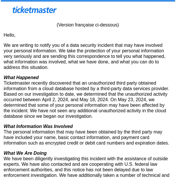 Email from TicketMaster Regarding the Breach