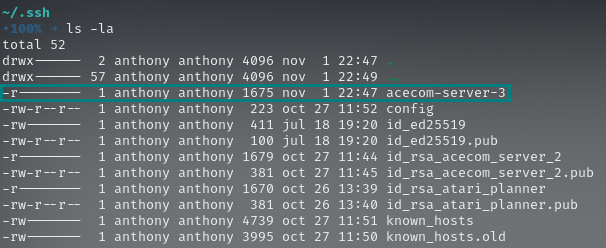 Example of correctly located ssh key with its right permissions,