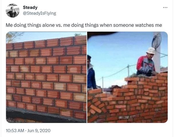 Tweet from @SteadyIsFlying that reads: ”Me doing things alone vs. me doing things when someone watches me” Below are two side by side images of a perfectly built brick wall and a sideways, sloppily brick wall being built.