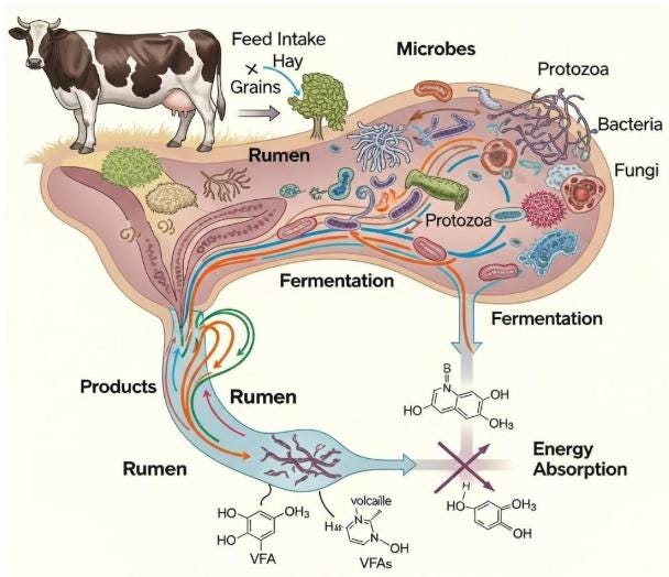 Rumen fermentation plays a central role in energy conversion, but excessive acid production can lead to metabolic disorders such as subacute acidosis.
