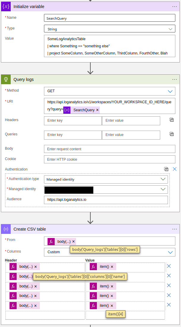 Parsing log analytic results into tables with an Azure logic app