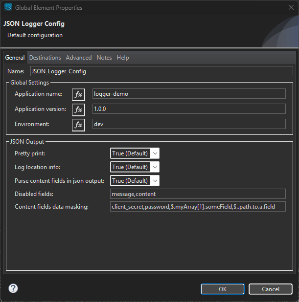 The basic configuration for the JSON logger