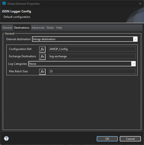 The AMQP destination config for JSON Logger