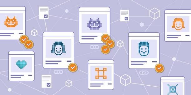 Un mercado NFT con activos de criptoarte que estan en venta, con iconos de de la blockchain y un fondo color lavanda.