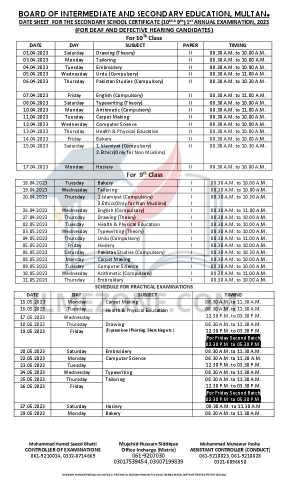 Bise Sahiwal Board Class 10th Exam Date Sheet 2024 By