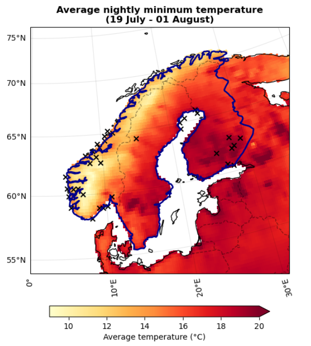 Highest 14-day averaged daily maxima (left) and daily minima (right) over Fennoscandia in 2025. The study region is outlined in dark blue. Crosses mark locations where temperature records were broken (Source: Intense two-week heatwave in Fennoscandia hotter and more likely due to climate change)