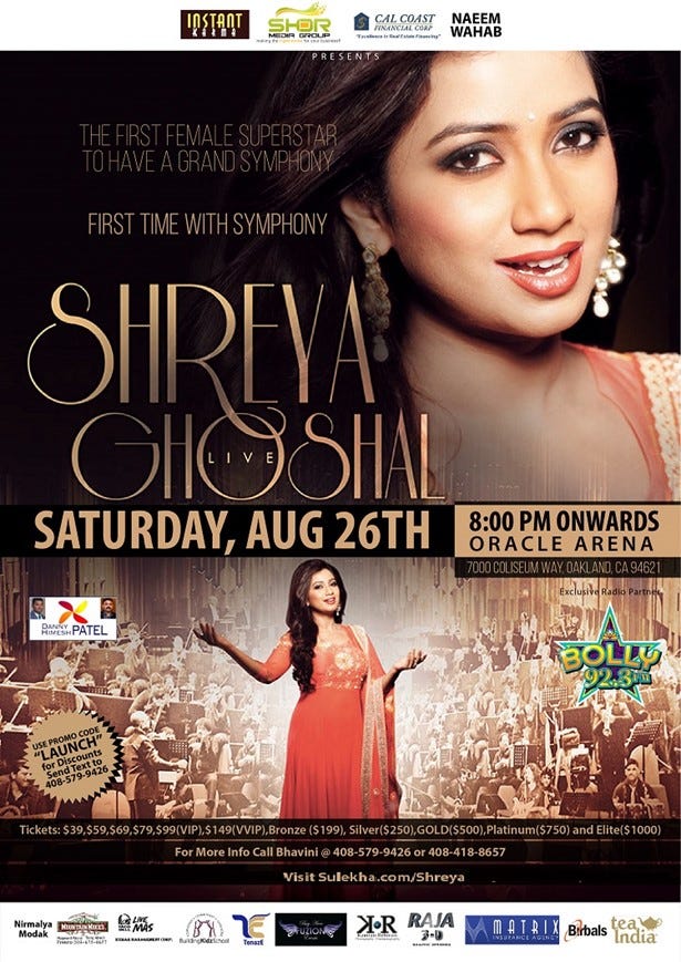 Shreya Ghoshal Live Concert Tour 2017 in USA by Sulekha Events in USA