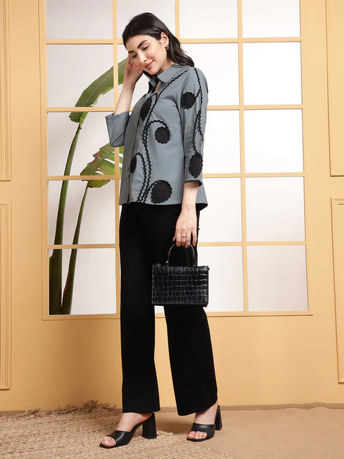Cotton Grey Embroidered Shirt Dress