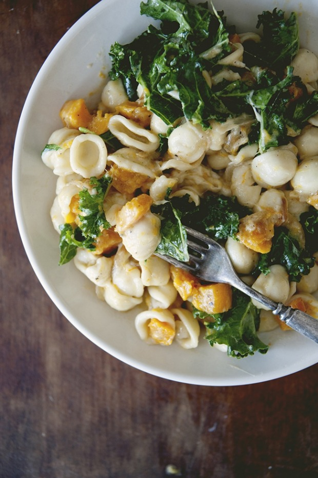 Orecchiette Cacio e Pepe with Roasted Squash, Kale, + Burrata