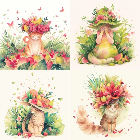 A cat in a large hat made of tropical fruit. — sref https://s.mj.run/O_w9neuqCMI — sw 999 — v 6.0