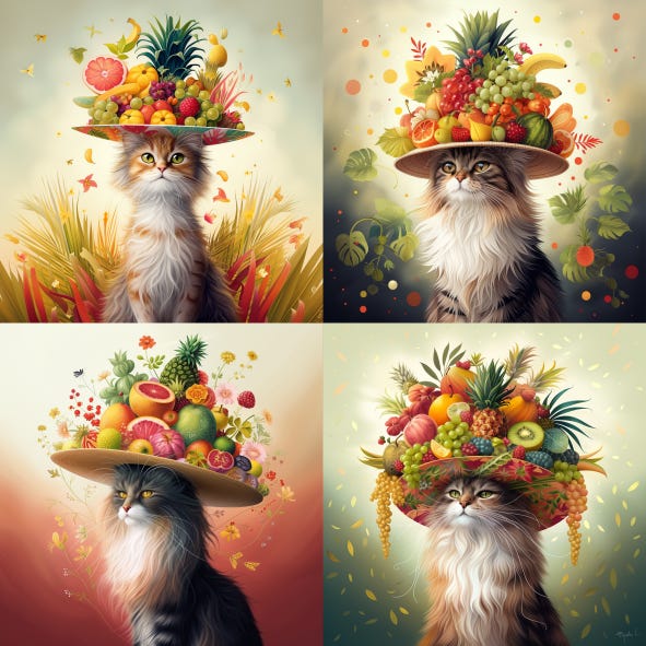 A cat in a large hat made of tropical fruit. https://s.mj.run/43bAPM-ATlw ::2 — sref https://s.mj.run/ln_ahmdE43c ::6 https://s.mj.run/Lw_0fjfp0TM ::2 https://s.mj.run/O_w9neuqCMI ::10 — v 6.0