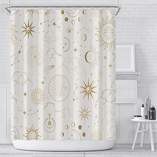 A shower curtain adorned with golden stars and suns, adding a touch of celestial charm to your bathroom decor.
