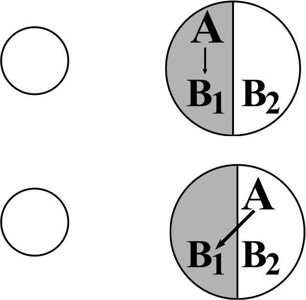 The only element of set A (the barber) is moved to B1 or B2