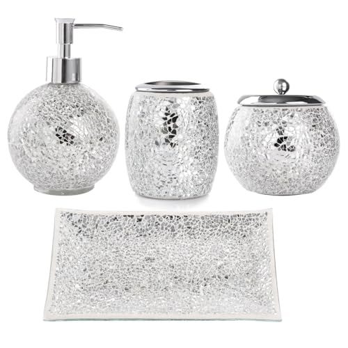 Stylish silver mosaic bathroom accessories add a touch of elegance to your bathroom decor.
