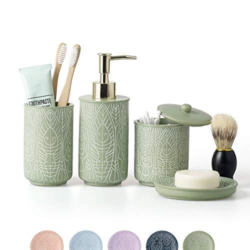 A modern bathroom accessories set with soap dispenser and toothbrush holder, perfect for organizing your essentials.