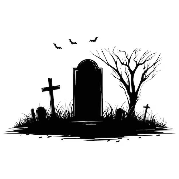 grave and bats black illustration