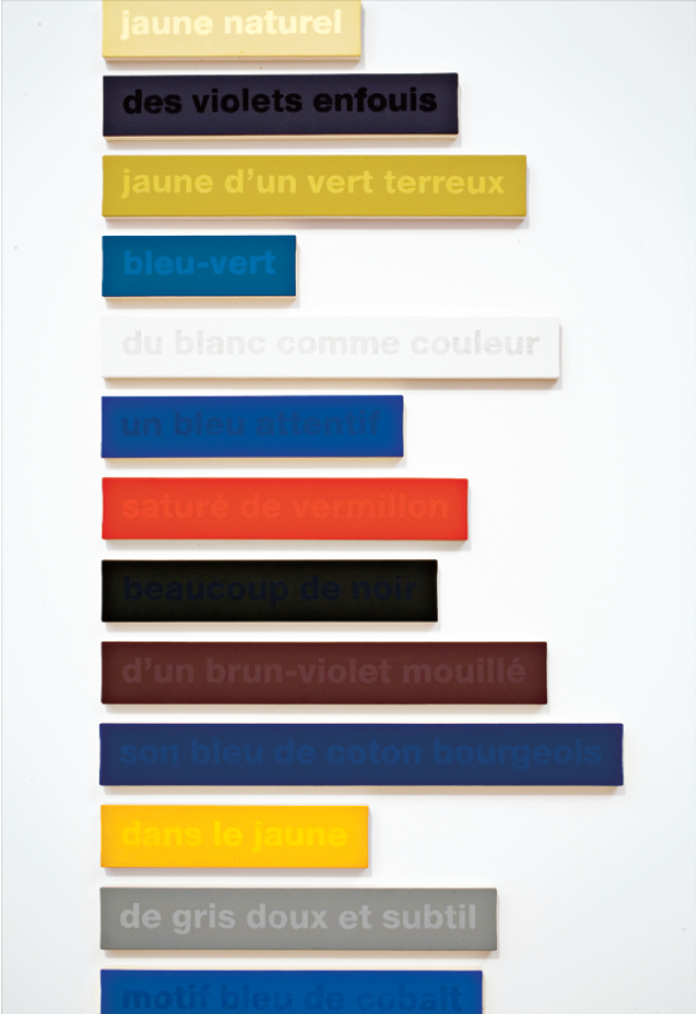Francine Savard, The Colours of Cézanne in the Words of Rilke 36/100 — Test (detail), 1998, vinyl and acrylic on canvas mounted on fibreboard, framed book, 380 x 66 cm (painting), 42 x 33 cm (framed book). Photo by: Richard-Max Tremblay. Courtesy of MACM.