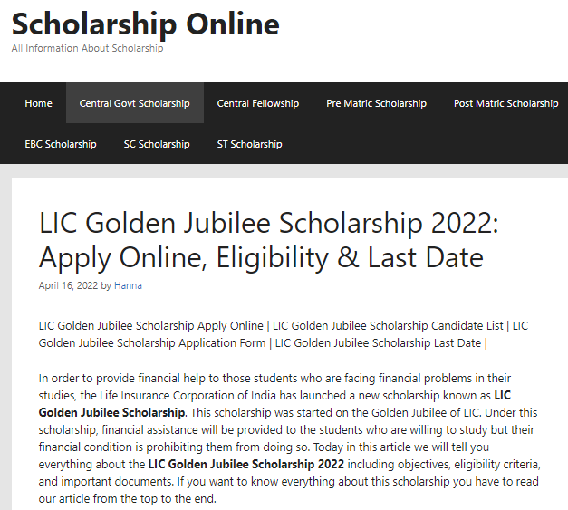 LIC Golden Jubilee Scholarship 2025 Apply Online, Eligibility & Last