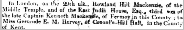 Marriage of Rowland Hill Mackenzie e Gertrude Elizabeth May Hervey, Kenneth's parents