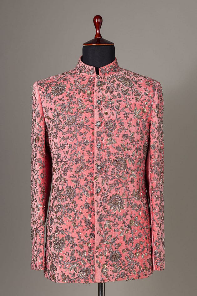 Coral Pink Zardosi Embroidered Suede Jodhpuri Suit, Buy Bandhgalas and Jodhpuri Suits for Men ,Online Designer Bandhgala for Groom, Shop the Finest Men’s Bandhgalas and Jodhpuris, Shop the Finest Men’s Bandhgalas and Jodhpuris From Samyakk, Shop Men’s Bandhgalas and Jodhpuris, Shop Men’s Bandhgalas, Jodhpuri Bandhgala Suits for Wedding, Slim fit Men’s Bandhgala Suits & Sleeveless Jacket, Buy Bandhgala Suits for Men Online, Shop Bandhgala and Achkan Online for Men, Latest Designer Bandhgala suits