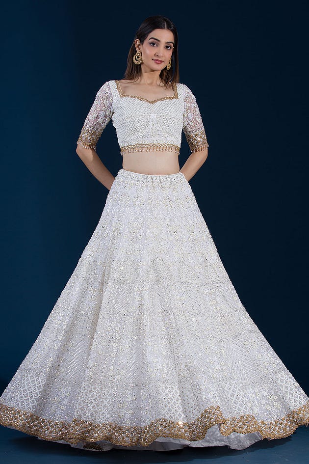 Exclusive Bridal Lehengas for UK Brides, Off-White Sequins Embroidered Net Exclusive Bridal Lehenga