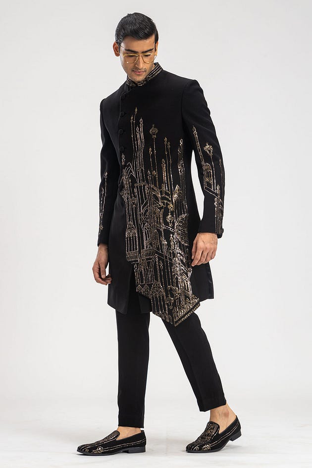 Black Kamdhani Embroidered Italian Indowestern Sherwani-SH1600