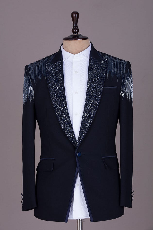 Dark Midnight Blue Cutdana Embroidered Italian Tuxedo Suit, tuxedo, tuxedo suit for men, tuxedo suit, buy tuxedo, buy tuxedo suit, buy tuxedo suit for men, buy black tuxedo, buy premium tuxedo suit, tuxedo suit for wedding, tuxedo for ring ceremony, tuxedo for reception, tuxedo for engagement, tuxedo for cocktail party, Slim Fit Tuxedo Suit, Tuxedo Suit in 38 Size — (40 to 60), Tuxedo Suit in 38 Size — (S, M, XL — 10XL), Plus Size Tuxedo Suit, Plus Size Suit, Suit For Men, Plus Size Suit For Men