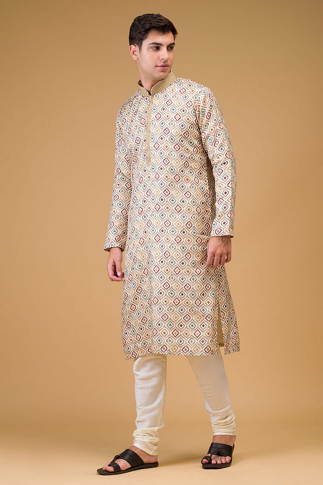 Light Beige Printed Silk Kurta-HI3878