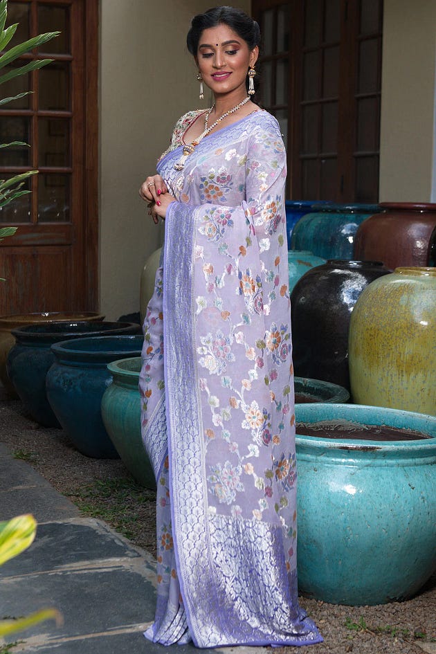 Lavender Zari woven Banarasi Georgette Saree, Georgetter saree, Purple saree, Banarasi saree, silk saree, Banarasi silk saree