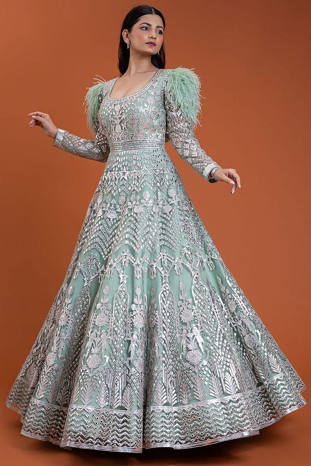 Dusty Mint Green Applique Embroidered Net Reception Gown-NG5480