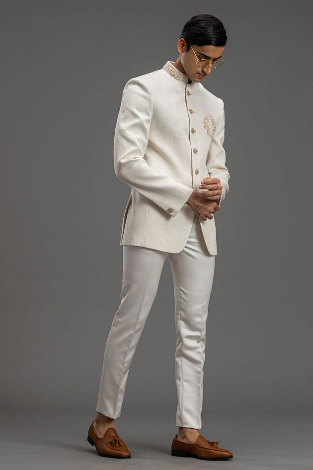 Off-White Zardosi Embroidered Raw Silk Jodhpuri Suit