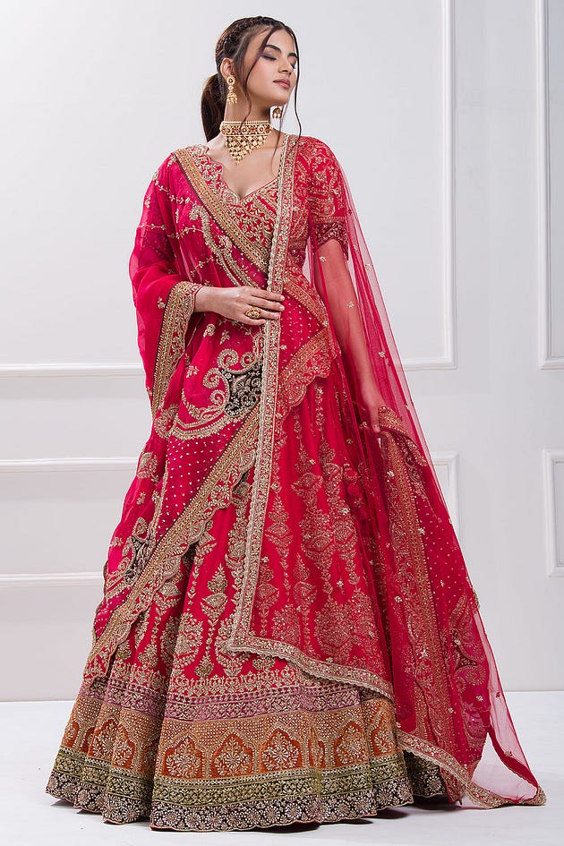 Crimson Red Sequins Embroidered Raw Silk Bridal Lehenga