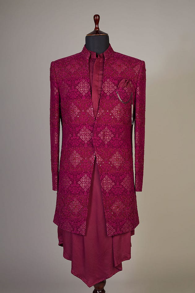 Beet Red Thread Embroidered Silk IndoWestern Sherwani-NF3501