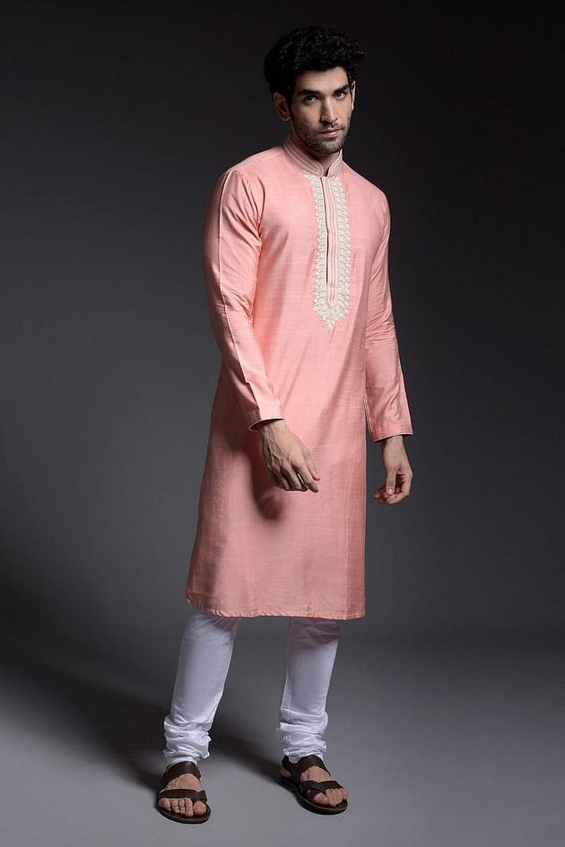 Light Salmon Pink Thread Embroidered Silk Kurta, Silk Kurta